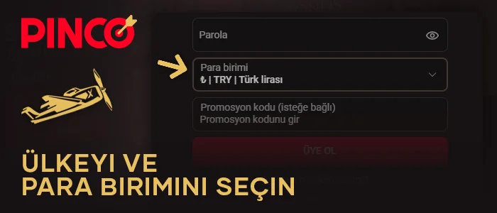 Yeni Pinco hesabınızı oluştururken, bahis yapmak için ülke ve para birimini seçin
